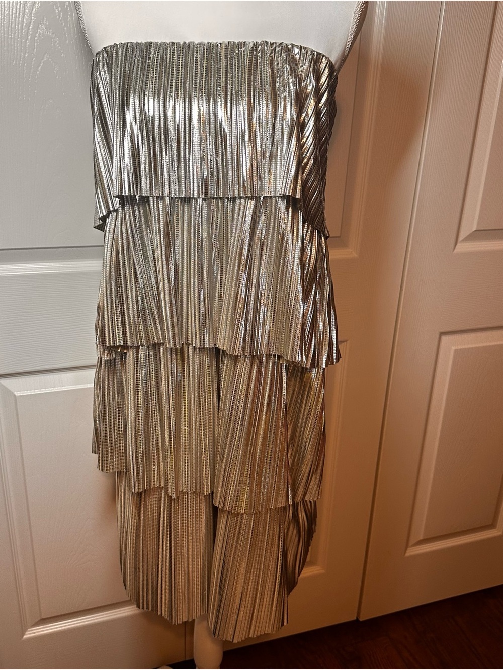 Anthropologie Metallic Silver Tiered Pleated Midi Skirt